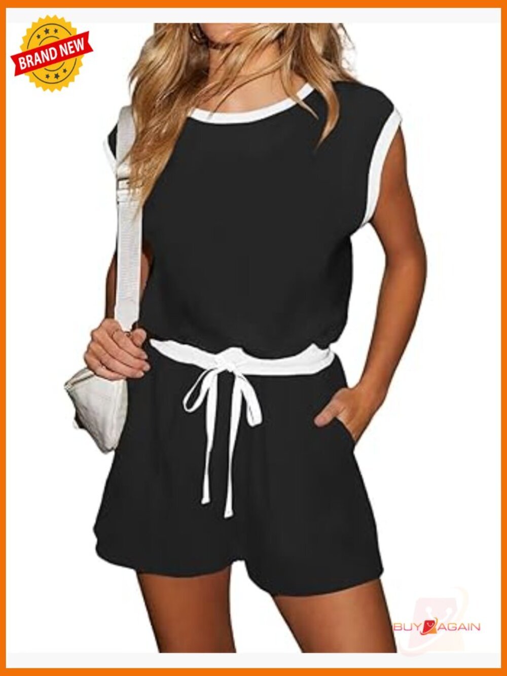 Summer Short Sleeve Romper with Pockets Adjustable Drawstring Waist